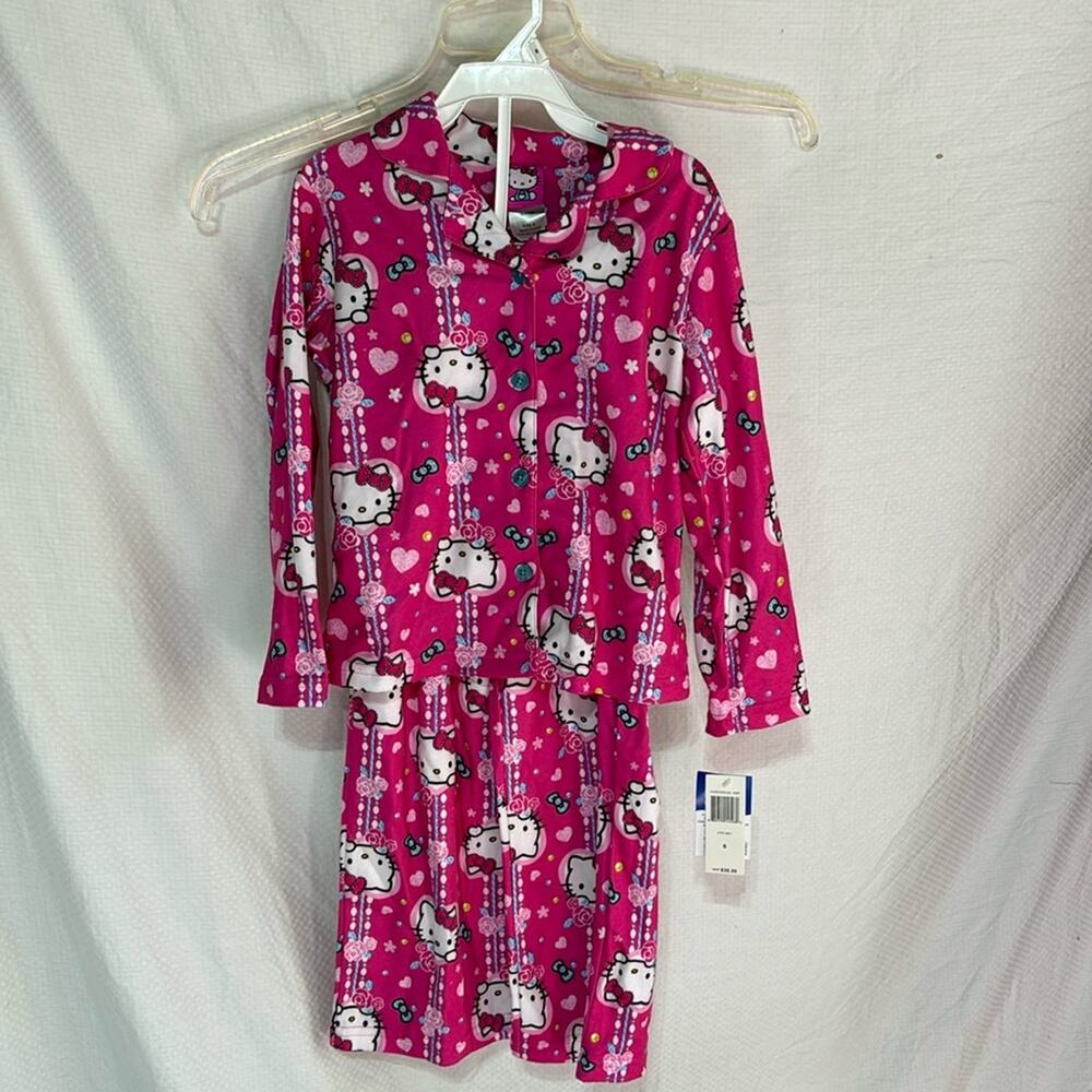 Hello Kitty 6 hot pink flannel pajamas button down top elastic waste nwt